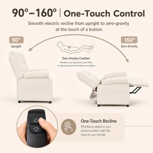 Image of Electric Recliner Chair, 90 to 160 Adjustment with Remote, Beige | Recliner Sofa with USB & Type C Charging, Chenille Upholstery and Side Storage Pocket, Zero Gravity Home Theater Seating