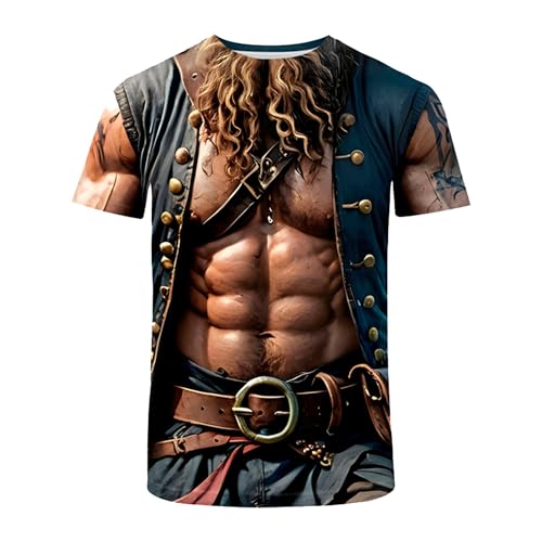SightYoung Men Pirate T-Shirt,Pirates of The Caribbean Shirt,Adult 3D Printed Graphic Abdominal Muscle T-Shirt,Novelty Funny Graphic Tee Shirt for Men Women,XXL