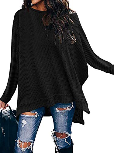 ANRABESS Women Waffle Knit Tunic Tops Casual Oversized Long Sleeve Crewneck Sweaters Shirt A138hei-S Black
