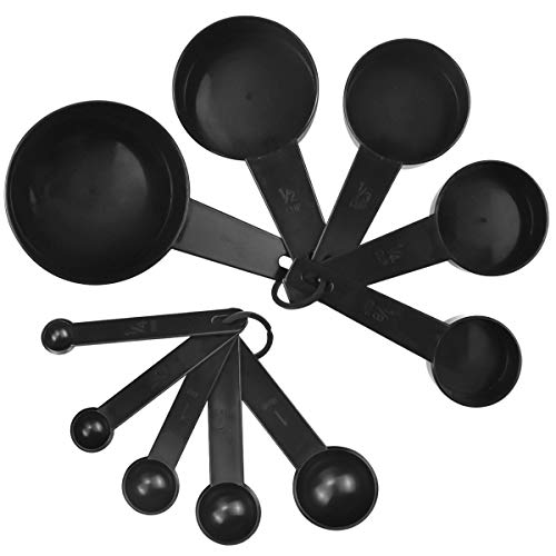 NATUCE Cucharas y Tazas Medidoras, 10 Piezas Cucharas y Vasos Medidores de Plástico, Cucharas Medidoras para Medir Ingredientes Secos y Líquidos Muy Adecuada para Hornear y Cocinar - Negro