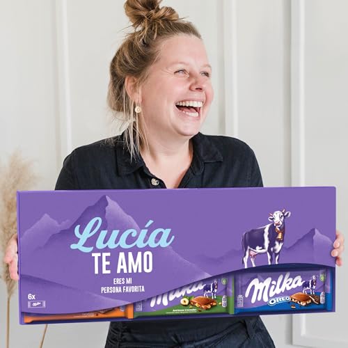 Chocolate XXL Milka personalizado - Regalos de San Valentín personalizada con el nombre y el mensaje, incluye barras de chocolate Milka en varios sabores (6 Tabletas)