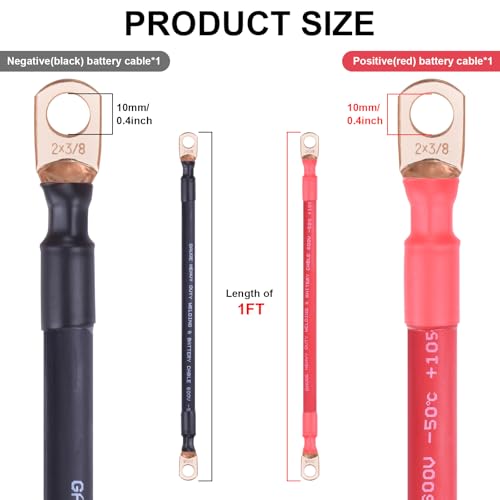 Image of iGreely 2 AWG Battery Cable 2 Gauge Wire Pure Copper Battery Power Inverter Cables with 3 /8'' Lugs for Automotive Solar Panel Trolling Motor RV Marine Boat,Replacement Parts & Accessories 1ft /30cm