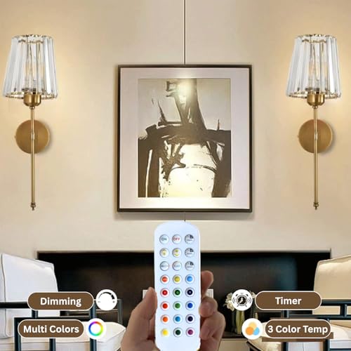 Image of NYRWANA Pack of 2 Rechargeable Modern LED Wall Lamp with Remote Control, 3 Color Temperature, Dimmable Brightness, Timer Function, Wireless Wall Light for Bedroom, Living Room, Bedside Decor (Glass)