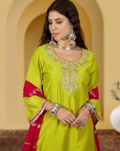 Image of Amazon Brand - Tavasya Women Silk Blend Zari Sequence and Thread Embroidered Kurta with Sharara Set |Ethnic Wear