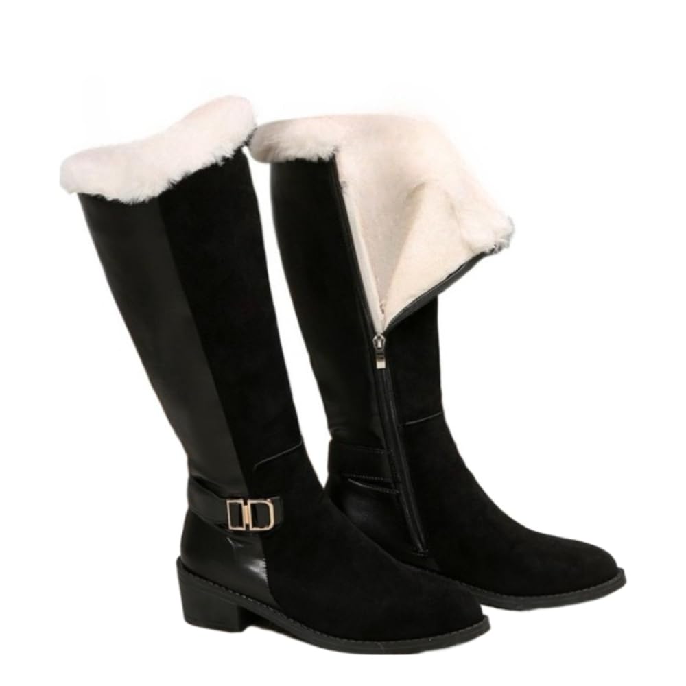 Faithgee Womens Boots Stylish Comfortable Buckle Decor Suede Low Heel Zip Up Snow Boots for Warmth and Fashion