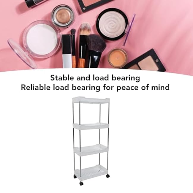 Widened Rolling Cart 4 Tier with Wheels, Plastic Storage Trolley for Bathroom, Kitchen, Toilet, Living Room, and Bedroom, Stainless Steel Frame, Easy to Assemble (White)-DCuhYWcY