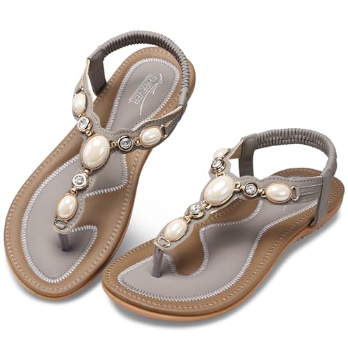 Image of SHIBEVER Dressy Flat Women Sandals: Comfortable Summer Thong Flats Sandal | Arch Support Walking Ankle Strap Dress Rhinestone Bling Womens Sandal - All Day Comfort Casual Beach Boho Women's Shoes