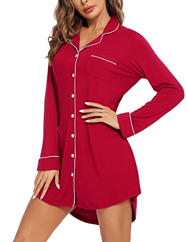 Image of Samring Nightgown for Women Long Sleeve Button Down Night Gown Boyfriend Nightdress Sleep Shirts