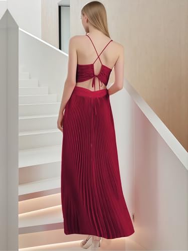 Pleated Satin Bridesmaid Dresses for Women Spaghetti Straps Long V Neck Formal Dress2