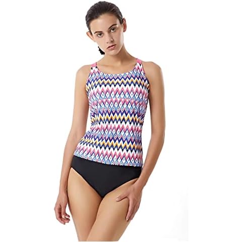 LULUWINGX Women Tankini Swimsuit High Waist Strappy Back Bathing Suit Racerback Athletic Swimwear with Brief Bottom(Large) Cover