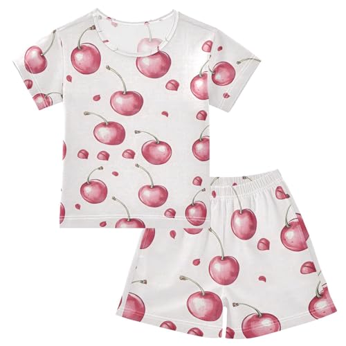 ALAZA Bow Cherry White Pajamas Set Short Sleeve Cotton Sleepwear Summer Pjs 2 Piece 5-14Y