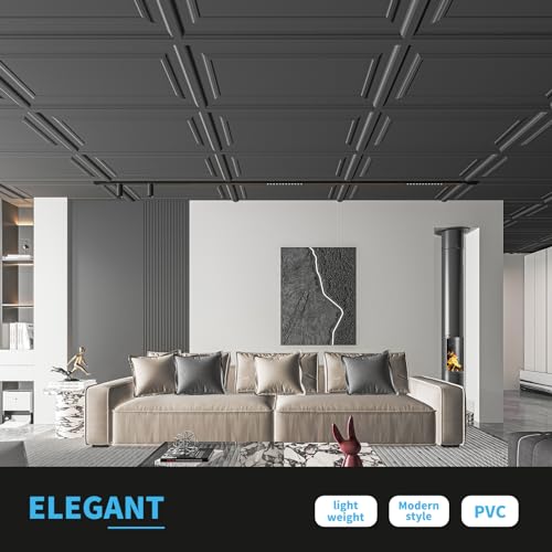 Image of Art3d 3D Decorative Drop Ceiling Tiles, 24 x 48 in, 12-Pack, Smooth Black