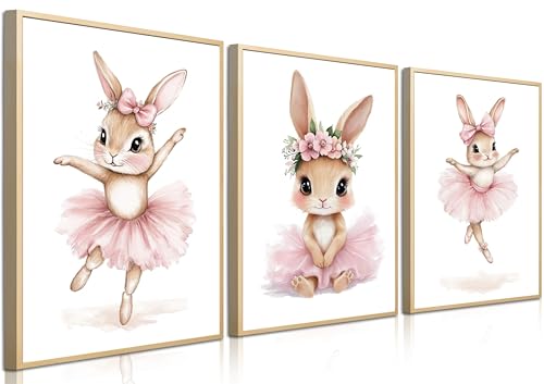 Image of Baby Girl Nursery Wall Decor, Easter Nursery Canvas Wall Art Paintings Set of 3, Cute Animal Pink Bunny Posters Prints Pictures for Boys and Girls Room, Bedroom, Home Decor 12x16 In Framed