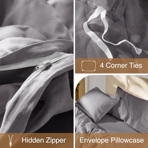SONORO KATE 100% French Linen Duvet Cover Queen Size, Soft Breathable for Hot Sleepers, Moisture Wicking & Durable Cover Set - Zipper Closure & 4 Corner Ties Duvet Covers 3 Piece (Dark Grey,Queen)