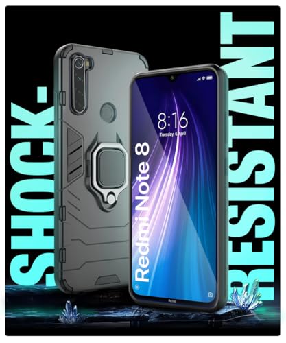 Image of WOW IMAGINE Shock Proof Back Case Mobile Cover for Xiaomi Redmi Note 8 (Armor | Hybrid PC + TPU | Full Protection with Ring Holder Kickstand | Carbon Black)