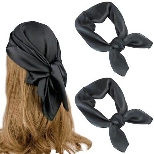 2 PCS Head Scarf Kerchief Neck Scarf Square Faux Silk Scarves Black for Halloween Accessories(27.5 * 27.5 In)