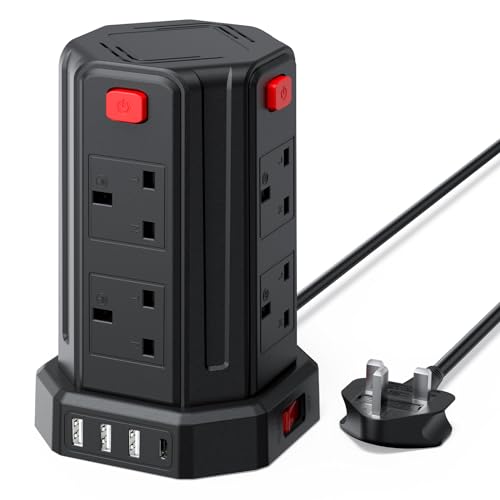 Tower Extension Lead 2M, (13A 3250W) 4 USB Ports and 8 Way Extension Tower