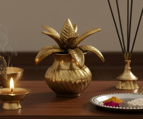 Image of eSplanade Brass Kalash Kalasha with Coconut Shriphal Leaves for Temple Attire - Decorative Items - Home Decor - Golden - 4.5 inch Inches