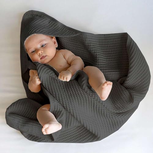 Image of Waffle Baby Blanket with Hood | 100% Cotton Muslin Baby Towel | Soft & Lightweight Newborn Swaddle Wrap (36x42 Inches, Dark Grey)
