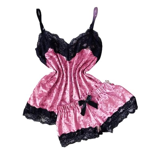 Velvet Bow Tops Pantalones Cortos Mujeres Ropa de Dormir Lencería Pijama V-cuello Camisola Sexy Mono Lencería, rosa, S