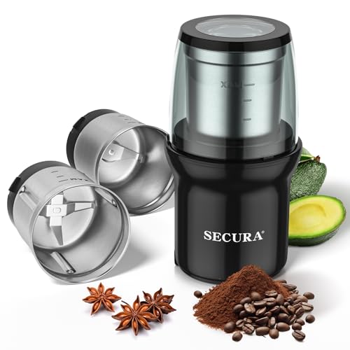 Secura Moulin à épices électrique, double bol en acier inoxydable pour mouture humide et sèche, mouture à épices et café multifonction