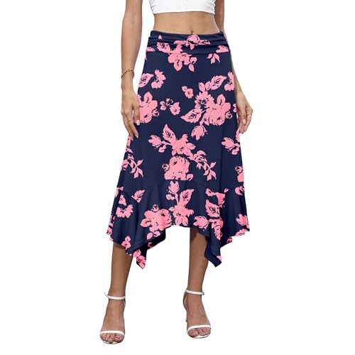 Womens Casual Midi Skirt Elastic High Waist Skirt Flowy Handkerchief Hemline Skirts Floral2