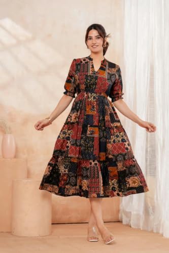 Image of Dress for Women | One Piece for Women | Long Stylish Women Dress Fit & Flare Maxi Dress, Cotton Summer Calf Length Dress
