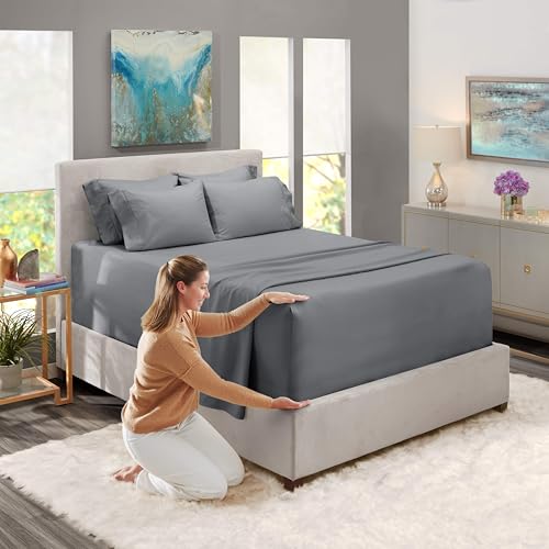 Image of Hearth & Harbor Luxury Soft 6 Piece Bed Sheet Set Extra Deep Pocket Fitted Sheets Fits Mattress up to 21 inch, Double Brushed Bedding Sheets & Pillowcases, Queen, Frost Gray
