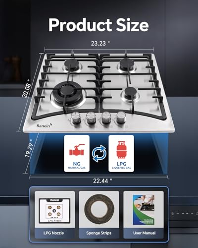 Image of Ranein 24 Inch 4 Burner Gas Cooktop, NG /LPG Convertible Gas Stove Top, 304 Stainless Steel with Thermocouple Flameout Protection for Kitchens, Apartments, RVs