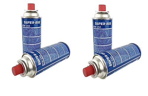 Pack de 4 und Super-Ego BTN 250 Cartucho de Gas Butano, 227g, Compatible Universal, Diseño Compacto