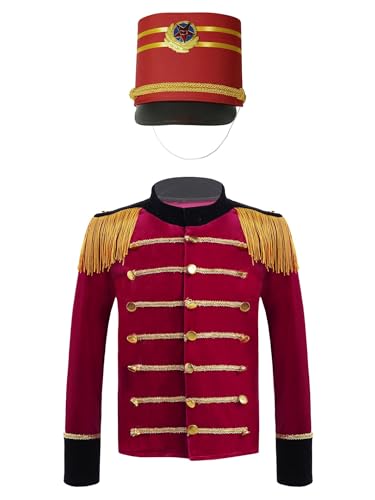 renvena Kids Boys Trumpet Drum Major Uniform Set Long Sleeve Tassel Drummer Parade Jacket Coat and Hat