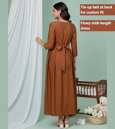 Image of DUMMY SHAPE Maternity Gown for Women | Floral Anarkali Flare Kurta with Dual Nursing Zippers | Pregnancy & Breastfeeding | Feeding Kurtis | Baby Shower | Mom to Be Gifts for Pregnant Woman Rust Brown
