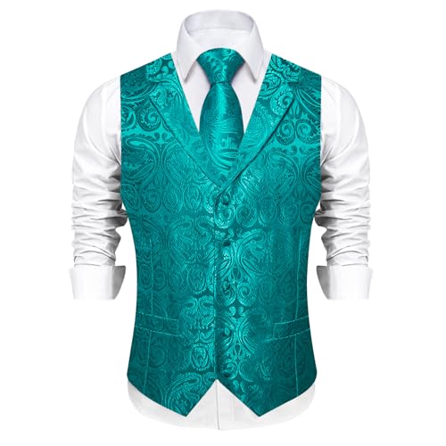 DiBanGu Men's Vest and Tie Set Silk Paisley Suit Vest and Necktie Pocket Square Cufflinks with Tie Clip for Wedding Party2