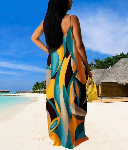 Image of Summer Dresses for Women Spaghetti Strap Beach Floor Length Maxi Sundresses | Floral Print,Casual,with Pockets
