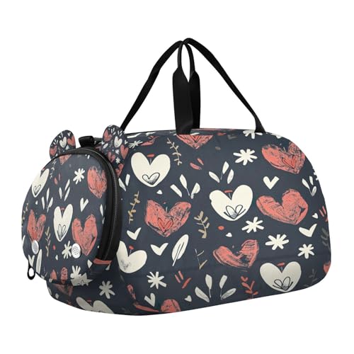 YETTASBIN Sport Travel Duffel Bag for Girls Boys, Cute Love Heart Large Waterproof Weekender Overnight Bag, Detachable Shoulder Strap Gym Bag with Shoe Compartment & Wet Pocket