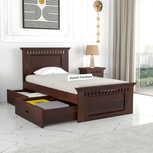 Image of Solid Sheesham Wood Single Size Bed with 2 Drawer Storage Wooden Single Cot Bed for Home Living Room Bedroom Guest Room Hotel (Walnut, Size 6 * 3)