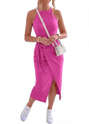 Image of NOLLSOM Women Casual Sleeveless Striped Tank Midi Dresses Halter Neck Ruched Bodycon Dresses Tie Waist T Shirt Summer Dress