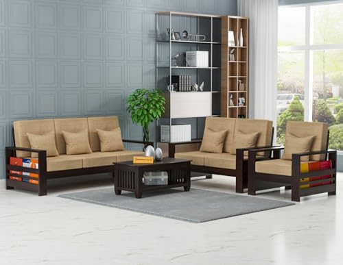 Image of KINGS HOME FURNITURE Sheesham Wooden 6 Seater Sofa for Living Room | Rosewood 6 Seater Cushion Sofa with Side Rack | Solid Wood Sofa Set for Lounge (3+2+1,Walnut)