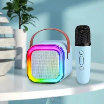 Image of Sky Blue Portable Bluetooth Speaker with Wireless Mic, RGB LED Party Light, Heavy Bass Karaoke Speaker, Rechargeable Battery, Portable Handle, Wireless Mic for Kids & Adults, Home & Outdoor Party