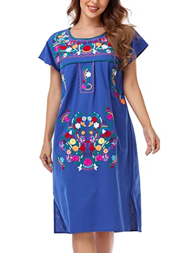 Image of YZXDORWJ Women Mexican Embroidered Long Dress Ruffle Collar Maxi Boho Floral Summer Short Sleeve
