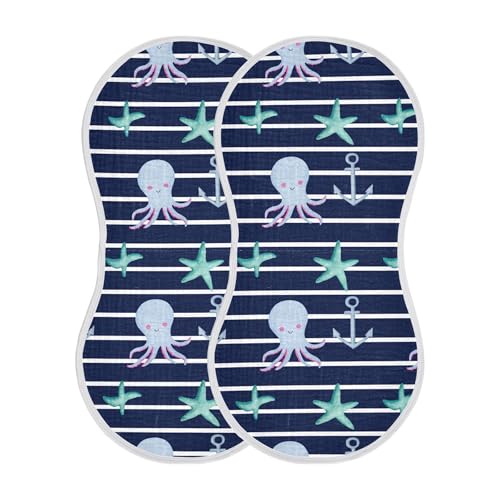 xigua Blue Octopuses Muslin Baby Burp Cloths Set of 2, Super Soft & Absorbent Burping Rags, Cotton Burp Clothes Shower Gift for Newborn, Baby Girls and Boys2