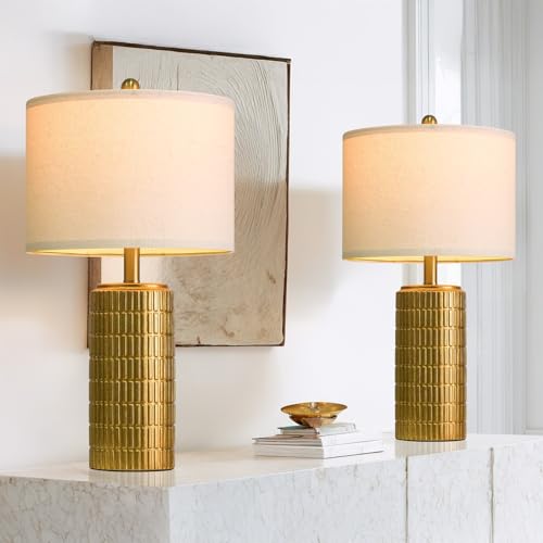 Image of PoKat 23 inch Brass Gold Ceramic Table Lamps for Living Room, Retro Warm Gold Lamps for Night Stands, Vintage Bronze Decorative Lamps for Bedroom, Antique Gold Brown Nightstand Lamps for Home Decor