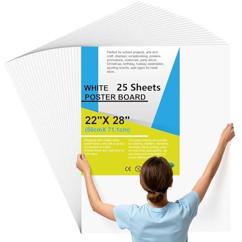 Image of 25 Pcs Poster Board 22 inch x 28 inch White Poster Paper Bulk, ROOKEA 250 GSM Vision Board for Arts Craft Projects Presentations Drawing Scrapbooking Blank Graphic Display Office Supplies