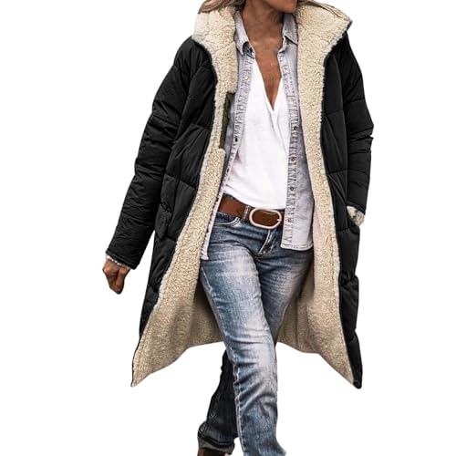 Generisch Wintermantel Damen Lang Warm Gefüttert Kapuzenmantel Reversibel Sherpa Fleece Lang Pufferjacken mit Kapuze Frauen Winterjacke Outdoorjacke Steppmantel Übergang...