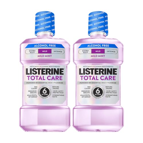 Listerine Mouthwash Total Care Mild Mint Anticavity Treatment for Adults Kills 99.9% of Bad Breath Germs No Burn Alcohol Free Fluoride Mouthwash, 2 Pack of 33.8 fl oz/1 L