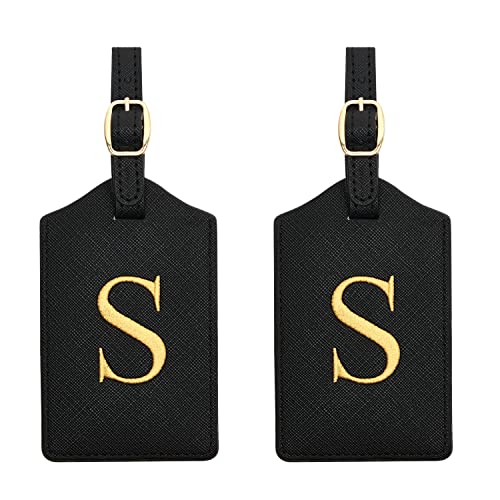 2 Pcs Initial Monogrammed PU Leather Embroidered Luggage Tags for Suitcases & Bags (S)