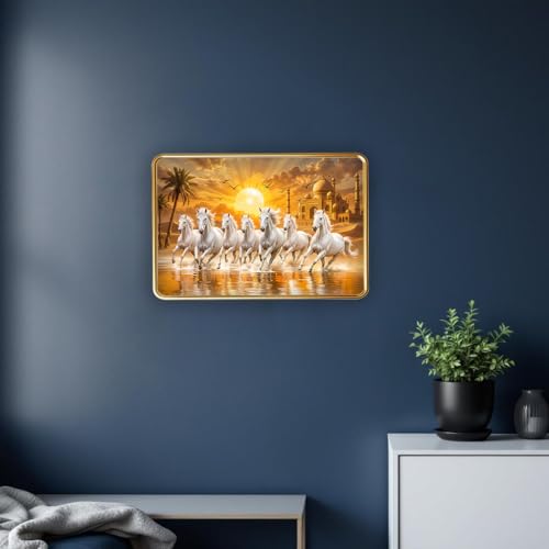 Image of Vastu 7 Seven Running Horse Photo Frame, Golden Slim Frame, Sparkle Coated Lamination, 30x45 cm (Design 11)