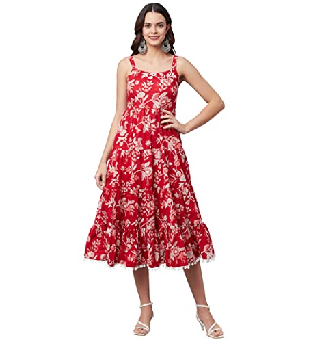 Image of Divena Rayon Cream A-Line Floral Printed Midi Dress