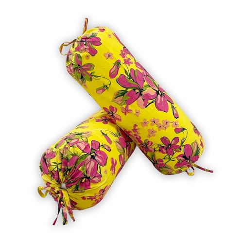 Image of Swayam Set of 2 Pure Cotton Bolster Cover | 30x30 Inch | Soft Breathable Masnad Cover 200TC | Durable & Washable | Floral Print Bolster Cover for Diwan, Bed & Sofa - Yellow
