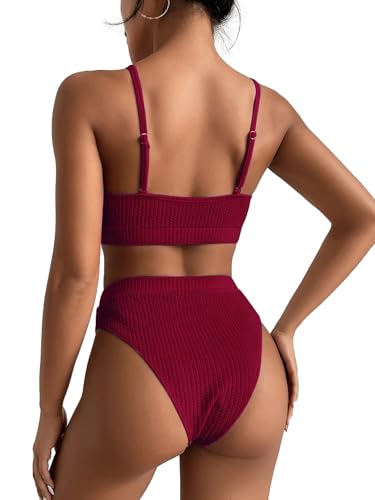 Image of Lilosy High Waisted Tummy Control Ribbed Bikini Crop Top Brazilian Swimsuit Set 2 Piece